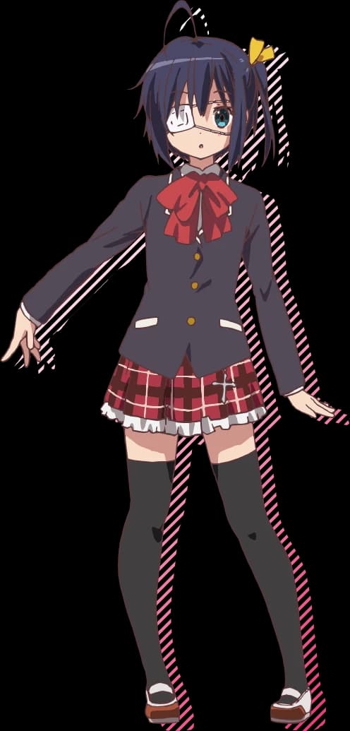Rikka Takanashi wearing an eyepatch and a dark school uniform